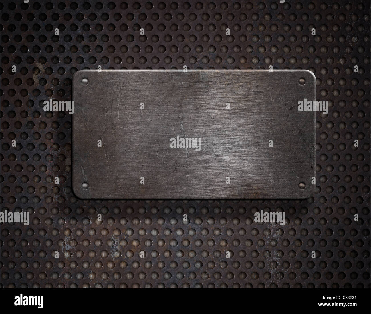 Rusty grunge metal Plaque sur fond de grille Banque D'Images