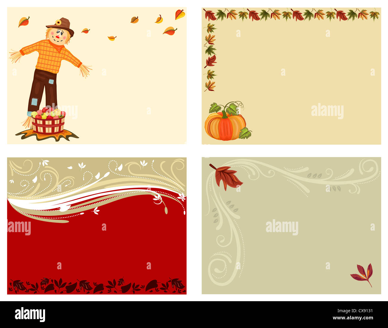 L'automne jeu de 4 cartes - cute épouvantail, récolte des pommes, potiron savoureux et cartes de vœux. Banque D'Images