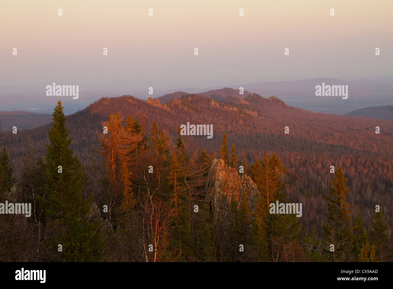 Le coucher du soleil. La crête de l'Alabiya. Le sud de l'Oural. Bashkortostan. La Russie. Banque D'Images