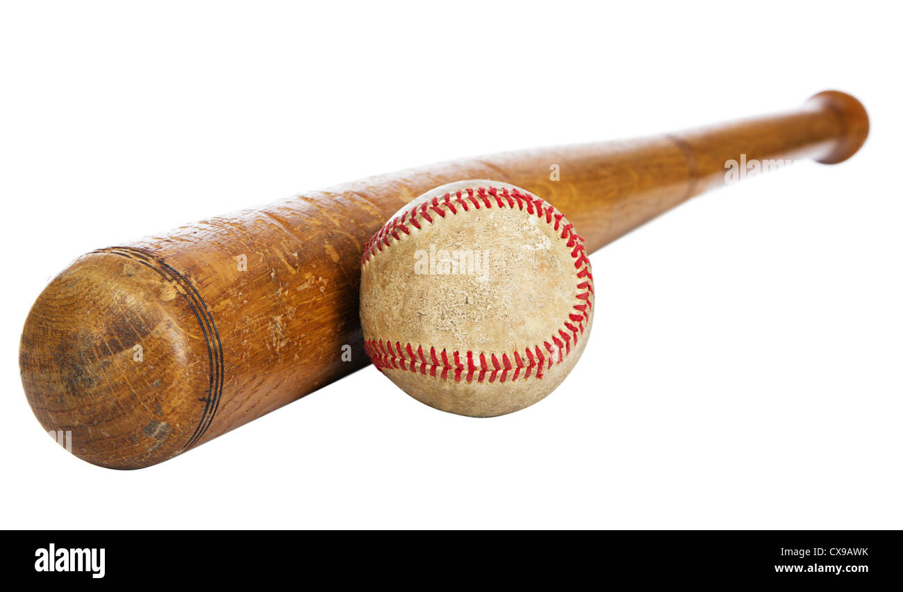 Batte de baseball et balle en bois isolé sur fond blanc Banque D'Images