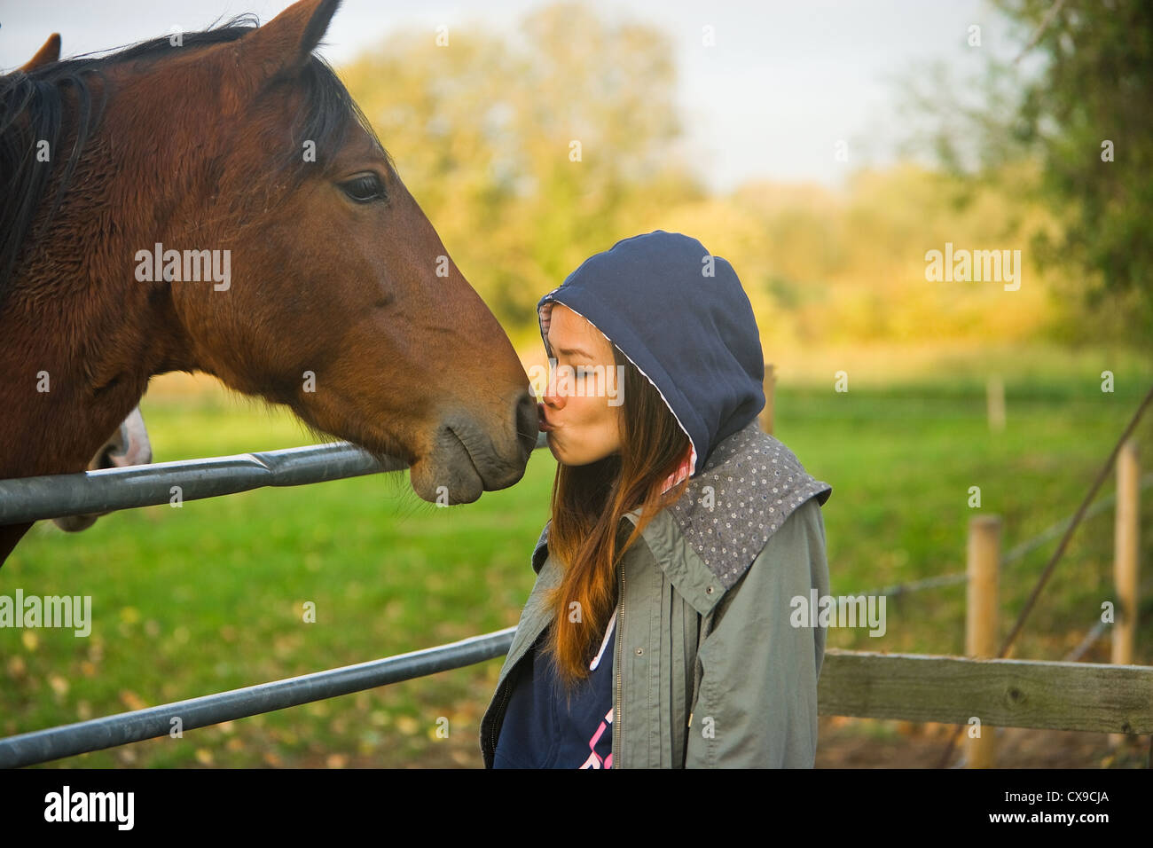 Pretty girl kisses cheval brun Banque D'Images