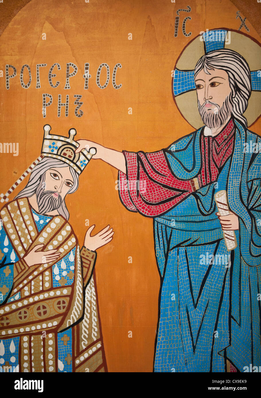 Peinture murale religieuse sur mur, Cefalù, Sicile, Italie Banque D'Images