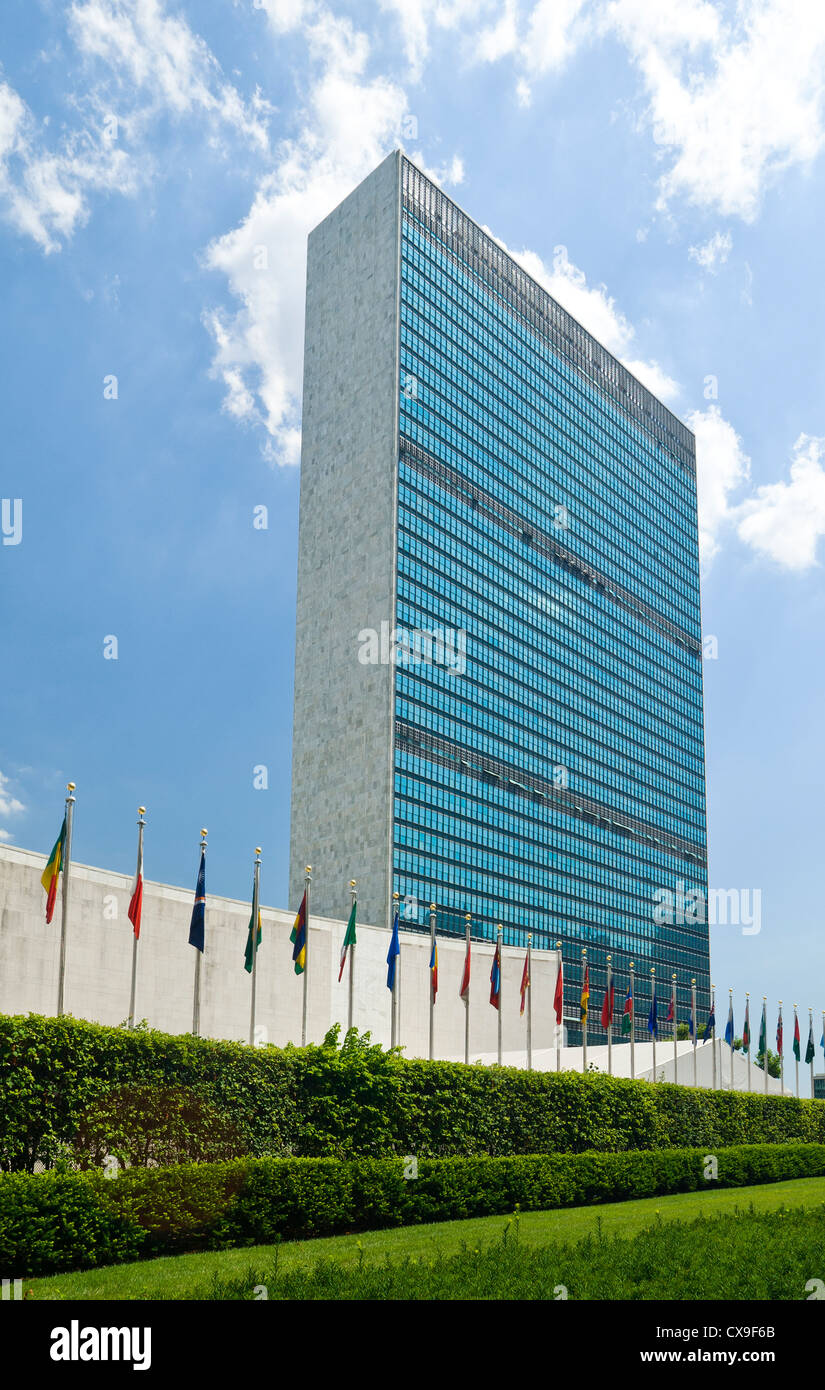 Le bâtiment du secrétariat, Siège de l'Organisation des Nations Unies, l'ONU, New York. Banque D'Images