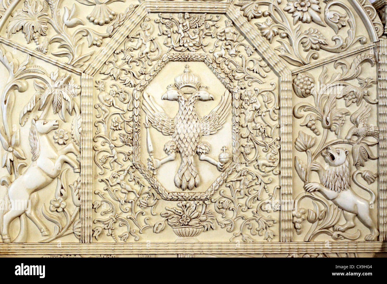 Détail de trône d'Ivan le Terrible (16ème siècle), Alexandrov Kremlin, Alexandrov, région de Vladimir, Russie Banque D'Images