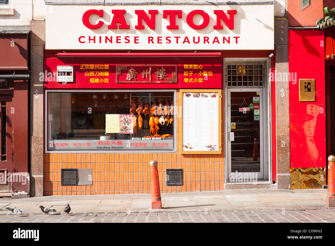London West End Chinatown Newport Place Canton Chinese Restaurant Cafe snack-bar afficher poulet porc canard squid en scène de rue fenêtre Banque D'Images