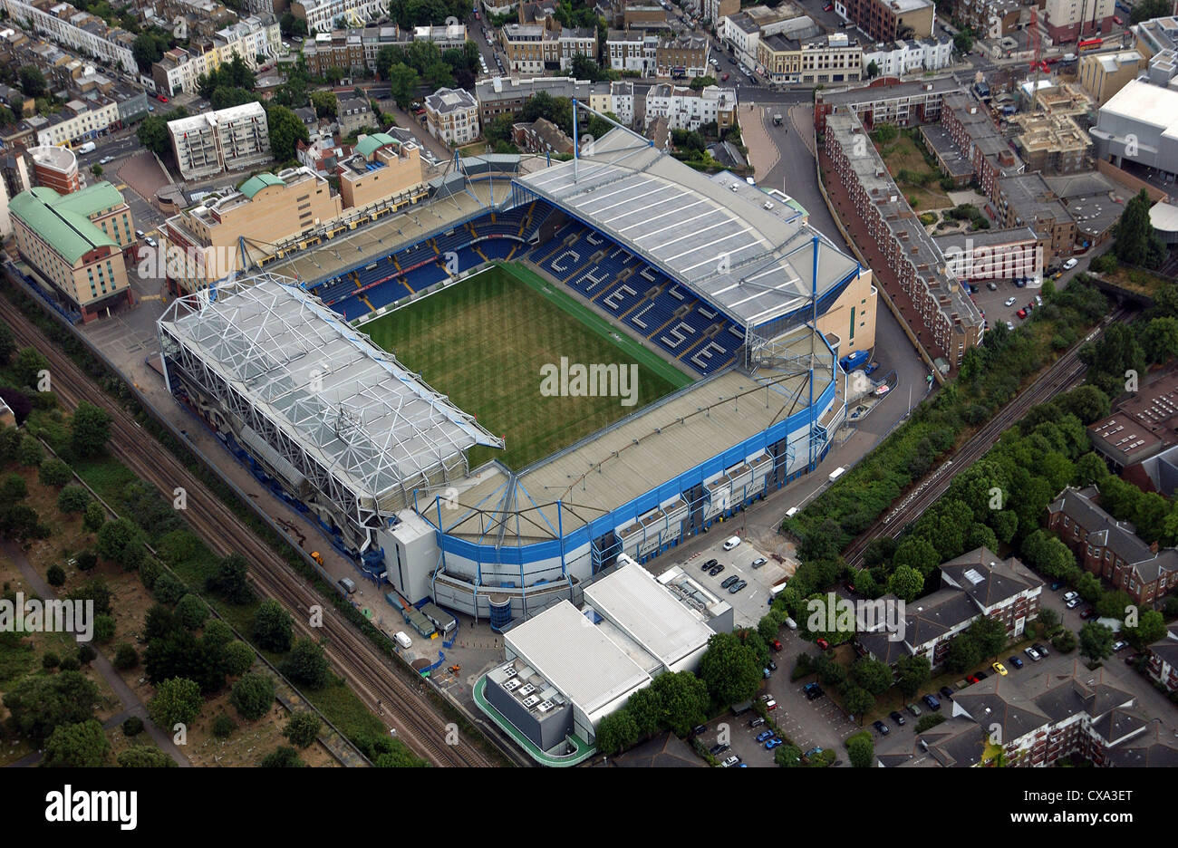 Vue aérienne de Stamford Bridge, le stade du Chelsea Football Club. Banque D'Images