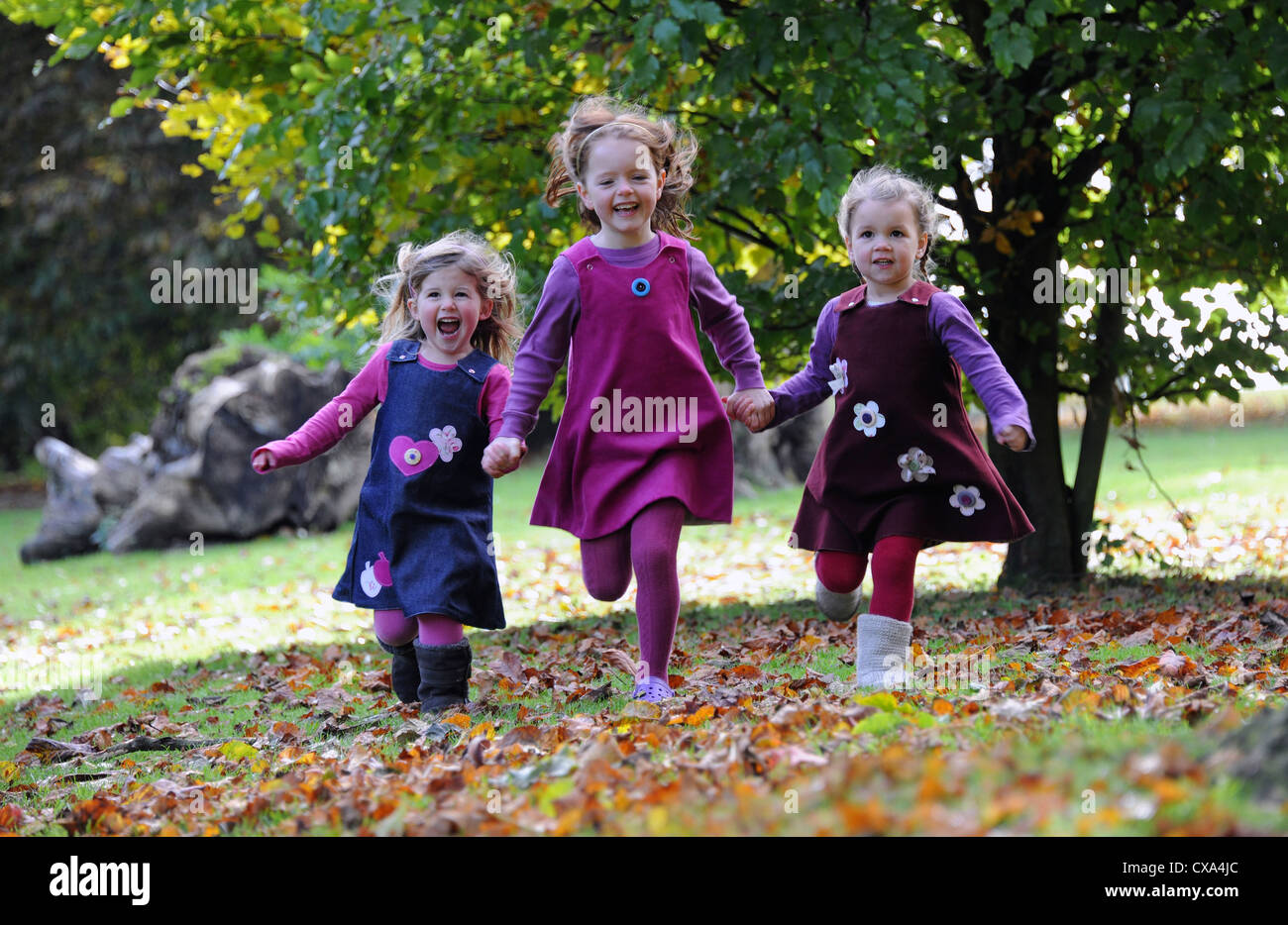 Trois jeunes filles qui traversent autumnal leaves sur Hubbard Hills. Banque D'Images