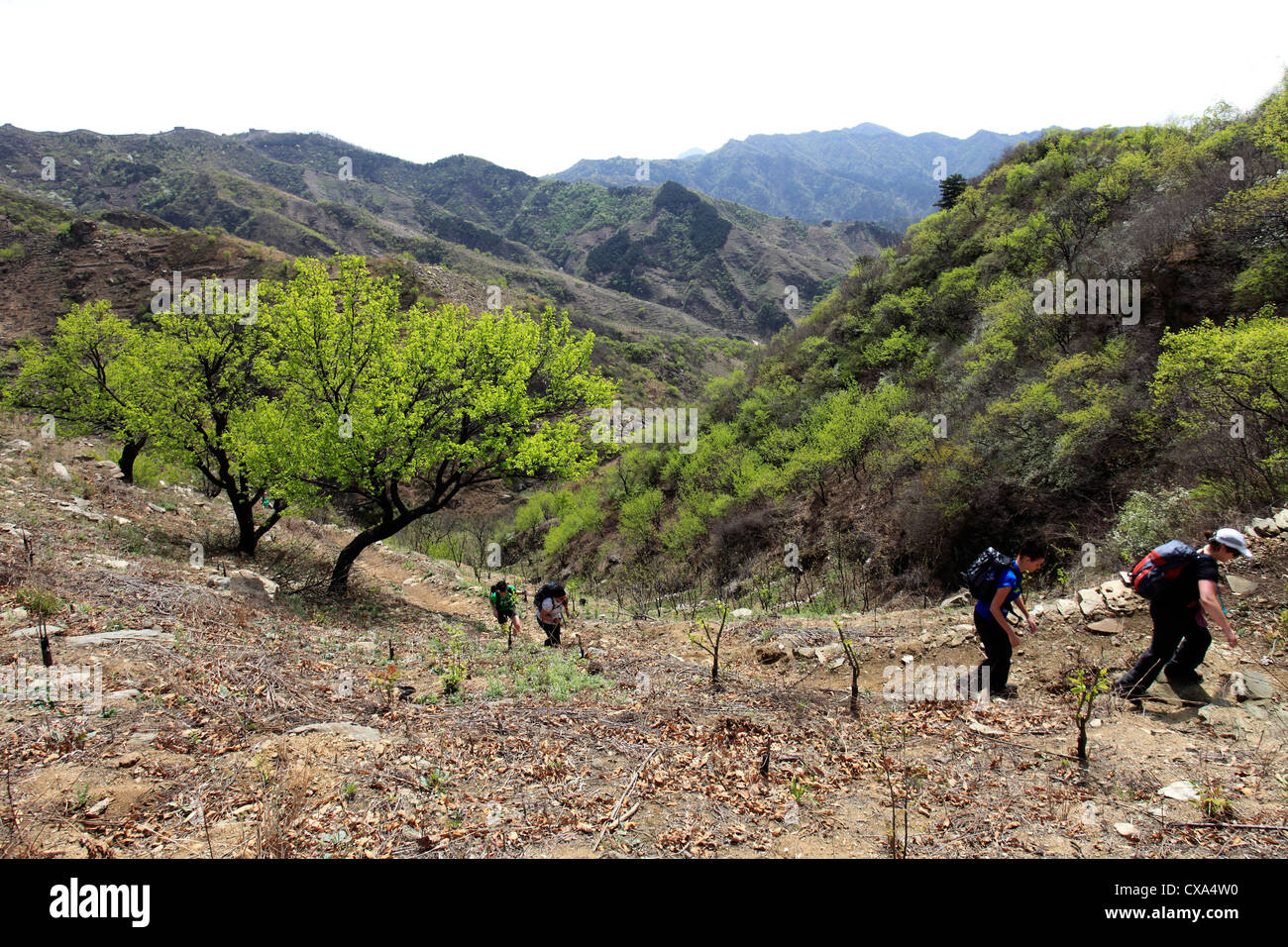 La charité les marcheurs dans la gamme de montagne de la vallée de Mutianyu, Beijing, Chine, Asie Provence Banque D'Images