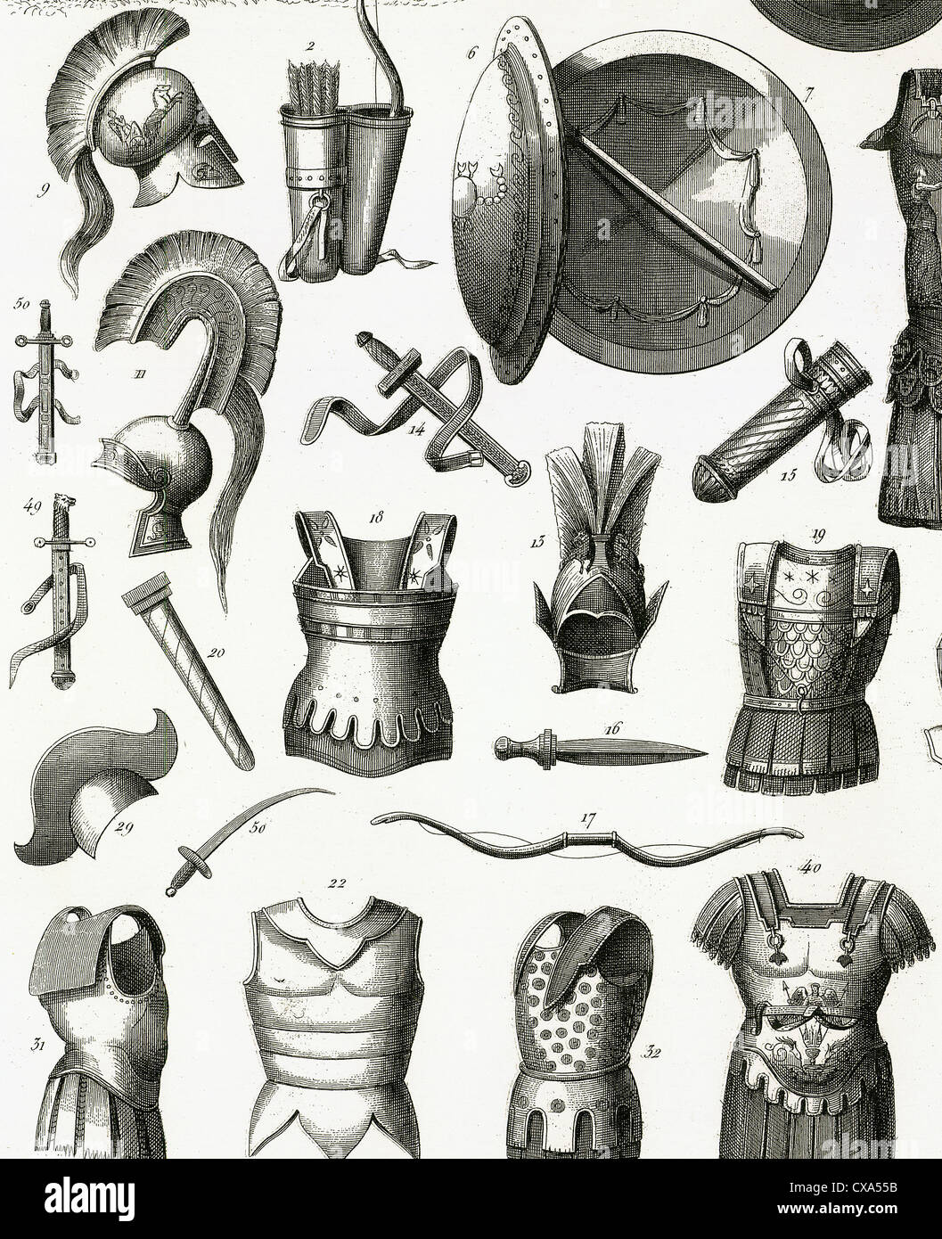 L'armée romaine. Les armures et armes. La gravure. 19e siècle. Banque D'Images