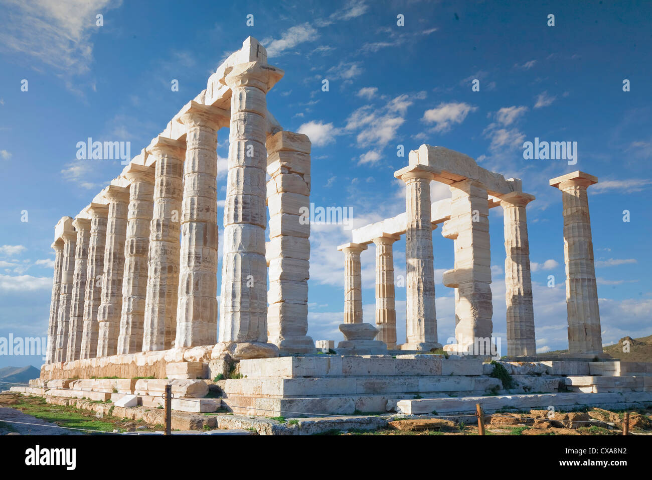 Temple de Poséidon , 440 av. J.-C., au Cap Sounion près d'Athènes, Grèce. Banque D'Images