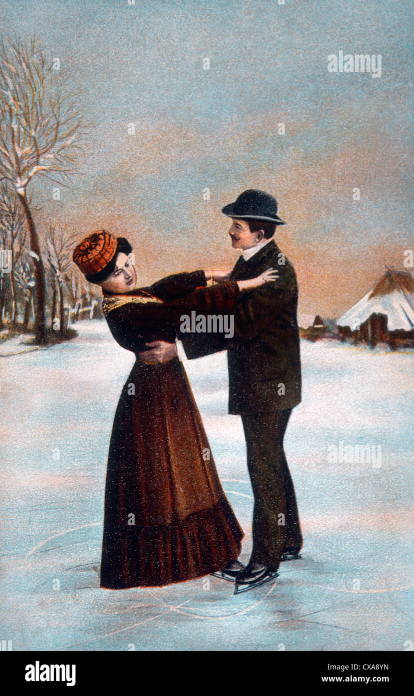 Couple Patinage sur glace, lithographie, vers 1907 Banque D'Images