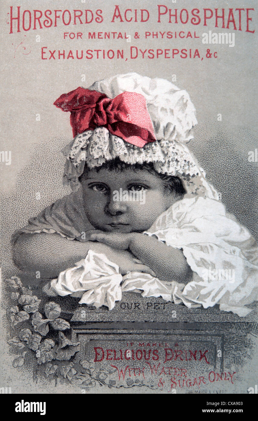 Portrait of Young Girl Resting Chin on mains jointes, phosphate acide d'Horsfords, Trade Card, vers 1900 Banque D'Images