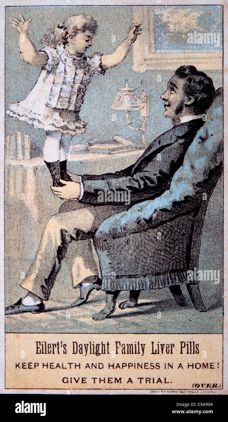 Père assis dans un fauteuil avec fille, Eilert Famille pour lumière du foie Comprimés, Trade Card, vers 1900 Banque D'Images
