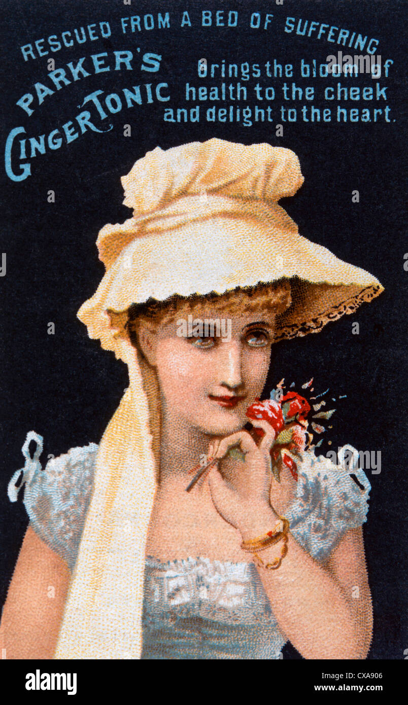 Femme tenant des fleurs, Parker's Ginger Tonic, Trade Card, vers 1900 Banque D'Images