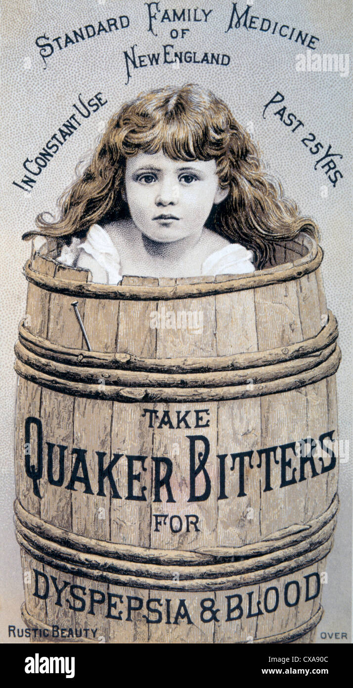 Jeune fille dans le baril, Quaker Bitters pour la dyspepsie et Sang, Trade Card, vers 1900 Banque D'Images