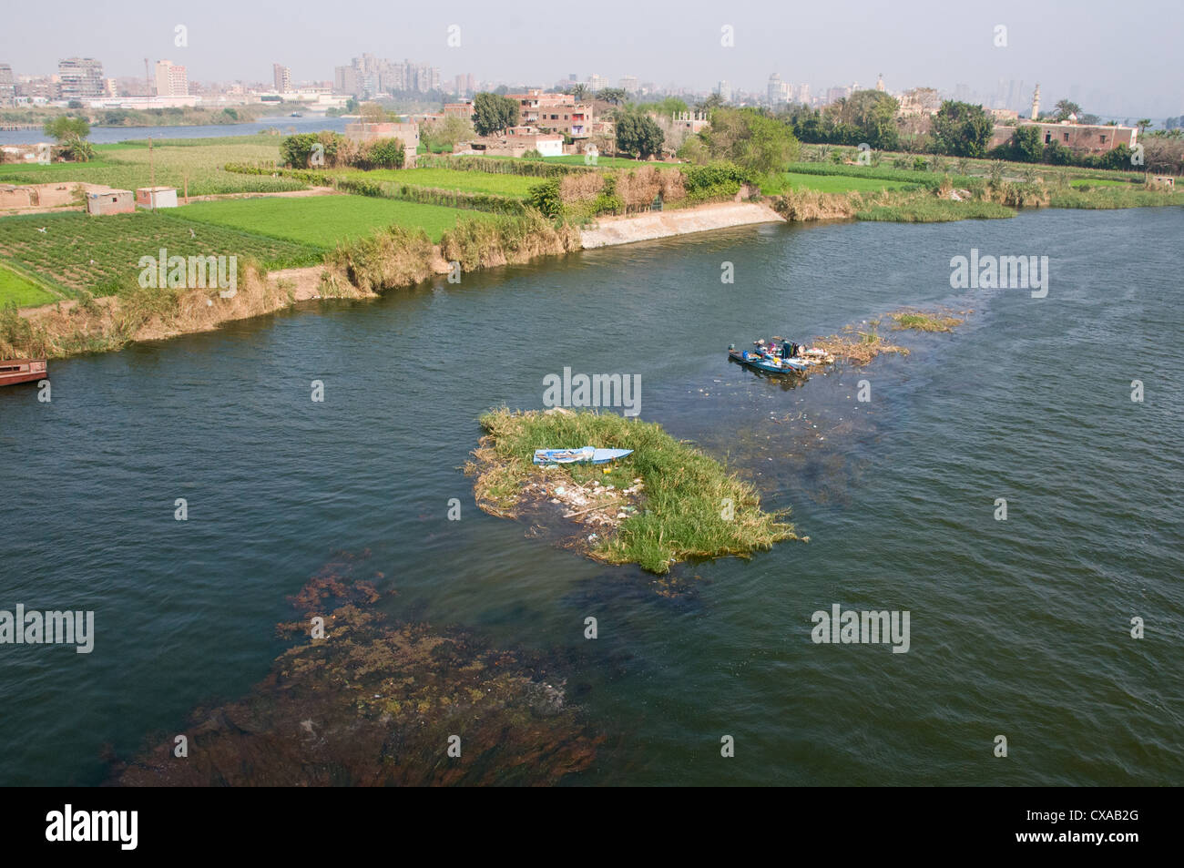 Vue de l'île rurale de Geziret El-Dahab sur le Nil où il existe encore des terres agricoles au Caire Egypte Banque D'Images