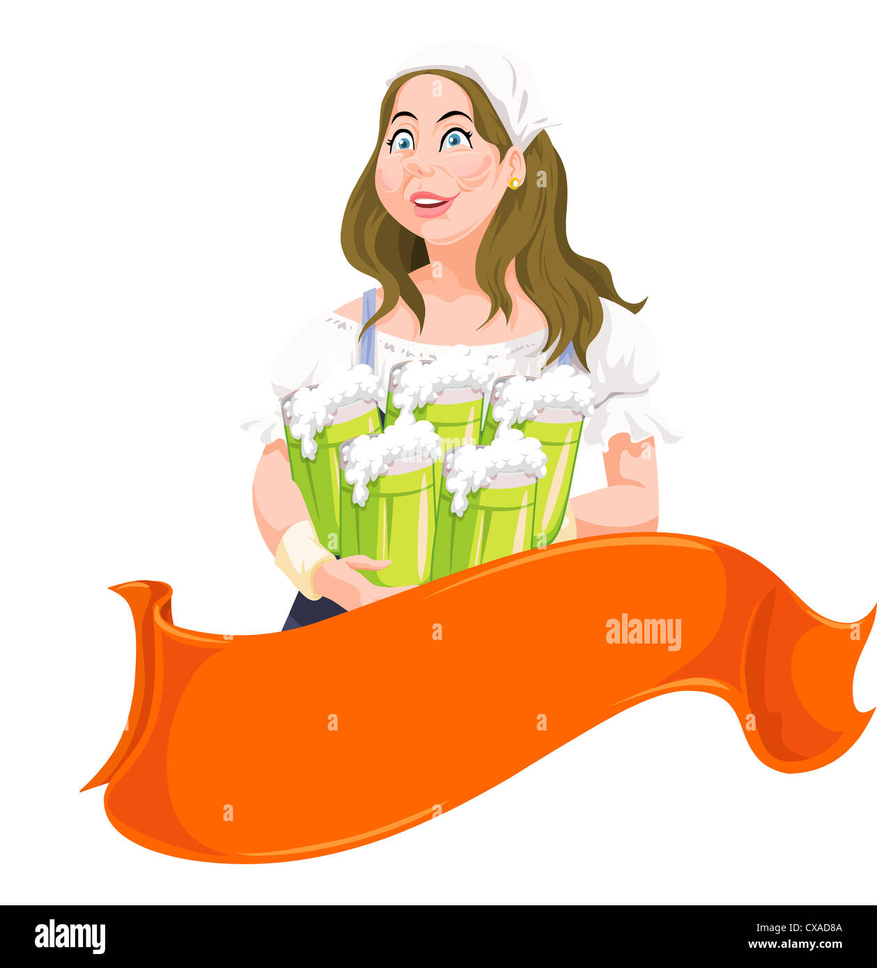 Beer Festival, waitress holding cinq chopes de bière, vector illustration Banque D'Images Beer Festival, waitress holding cinq chopes de bière, vector illustration Banque D'Images