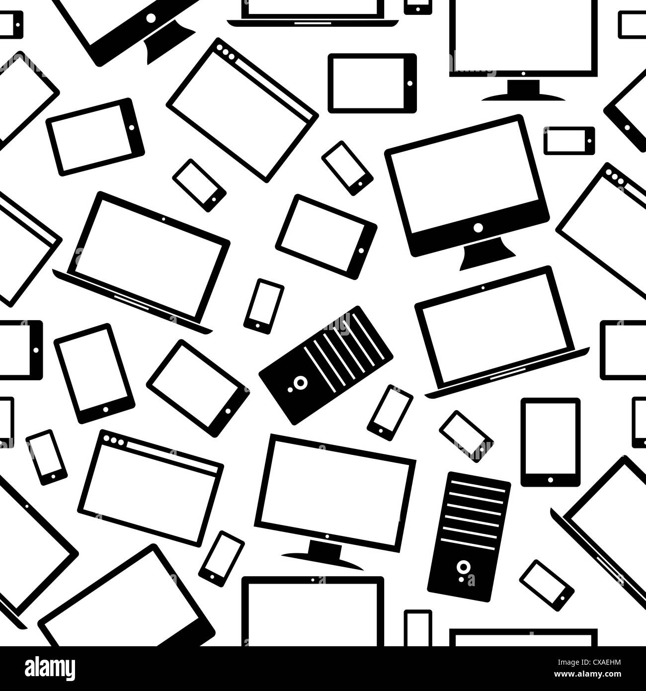 Icônes gadgets noir motif transparent blanc plus isolés. Couches d'illustration vectorielle pour une manipulation facile et coloris. Banque D'Images