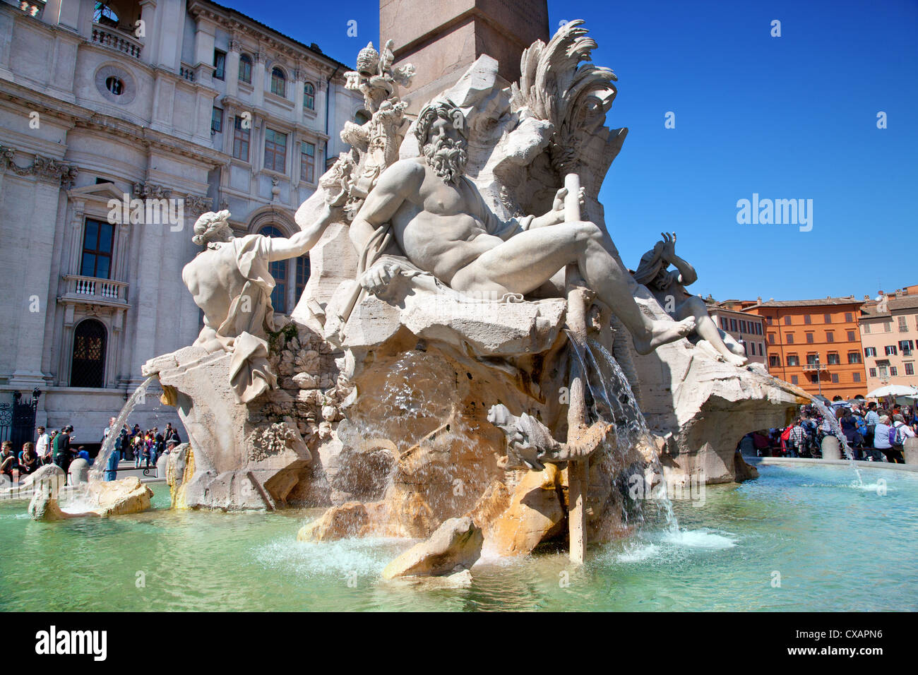 Les quatre fleuves fontaine de la Piazza Navona, Rome, Latium, Italie, Europe Banque D'Images