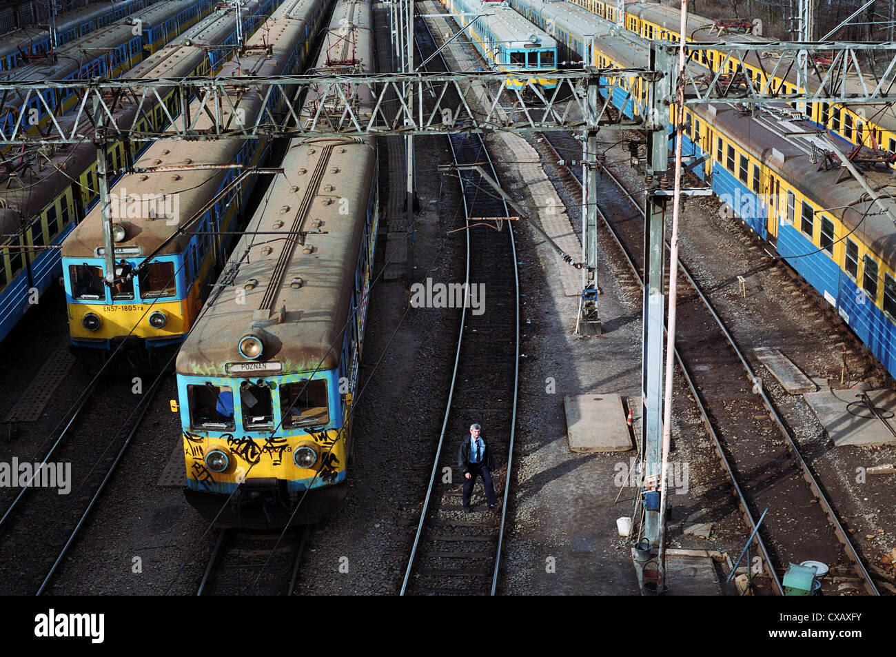 Trains régionaux de PKP SA sur des voies de garage à la gare principale de Posen (Poznan), Pologne Banque D'Images