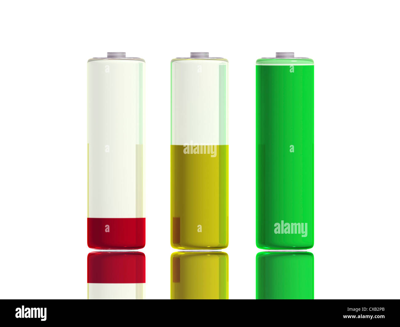 Image 3d de trois batteries, un accusé, un médium et un vide charget Banque D'Images