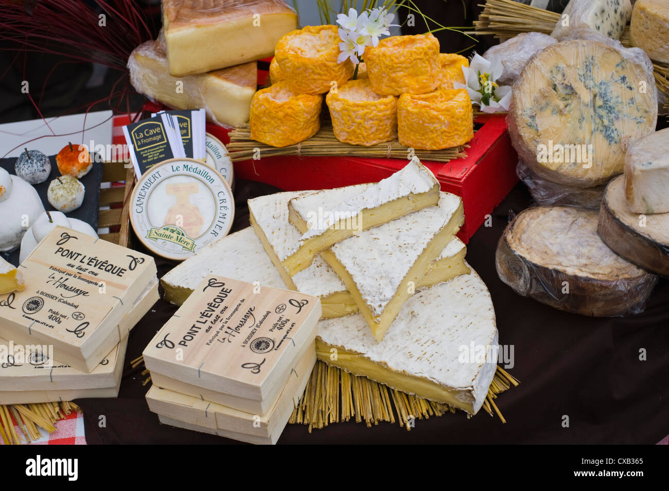 Sélection de fromages européens pour la vente sur stand à Abergavenny Food Festival Banque D'Images