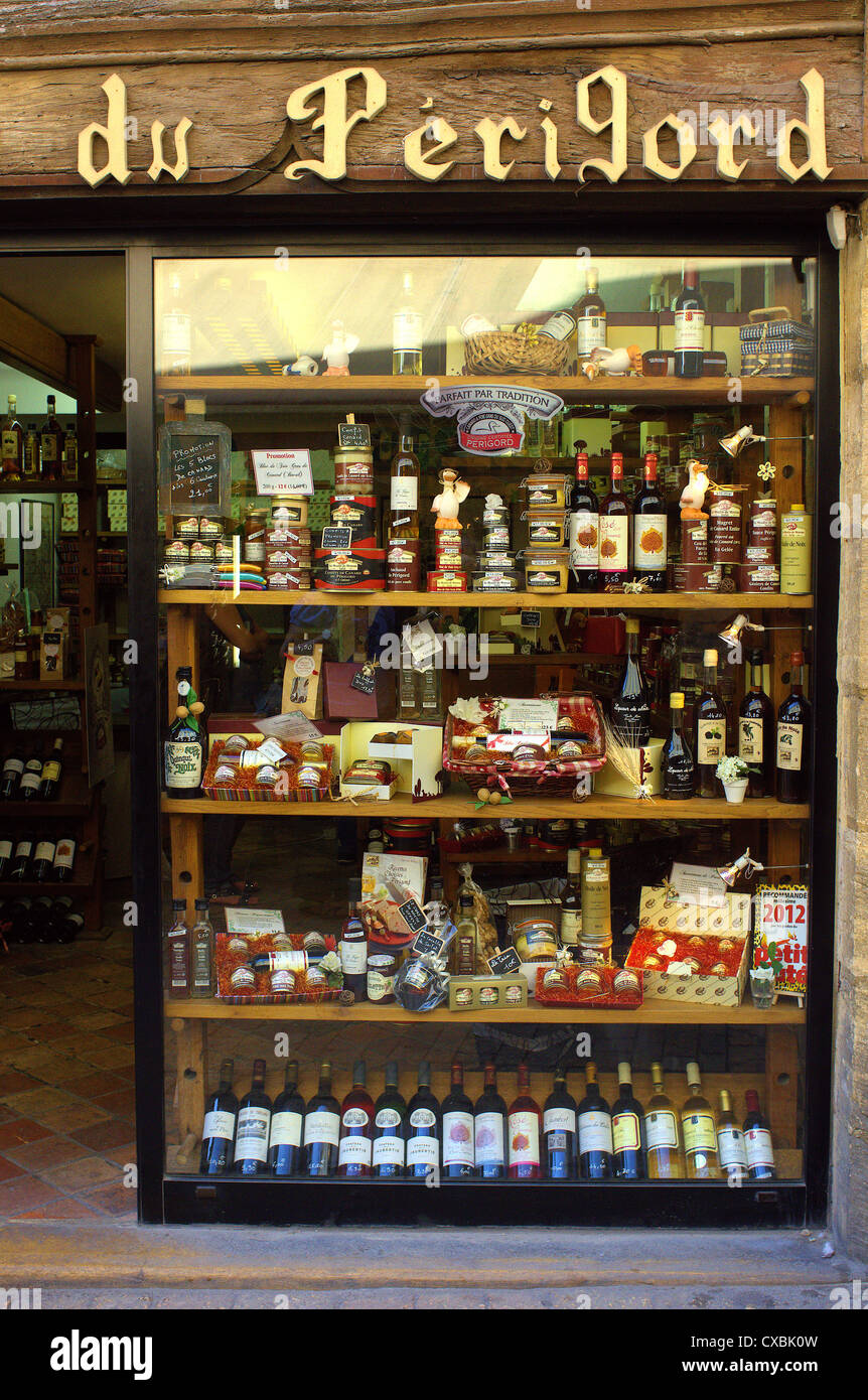 Foie gras et de spécialités locales, exposés à la vente Sarlat Perigord France Banque D'Images