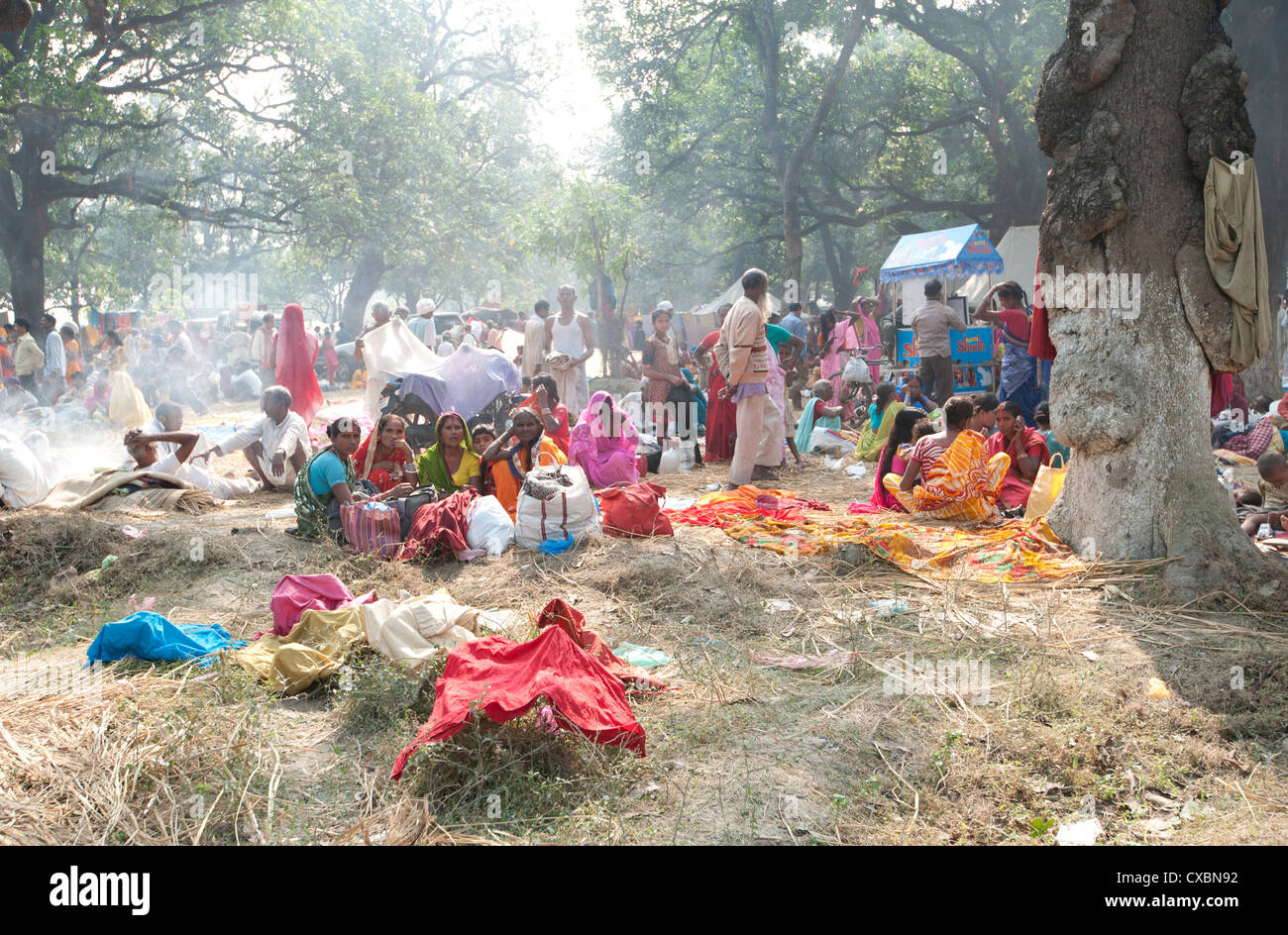 Les villageois se réveiller tôt le matin après avoir campé la nuit au bétail Sonepur, juste le Bihar, Inde, Asie Banque D'Images