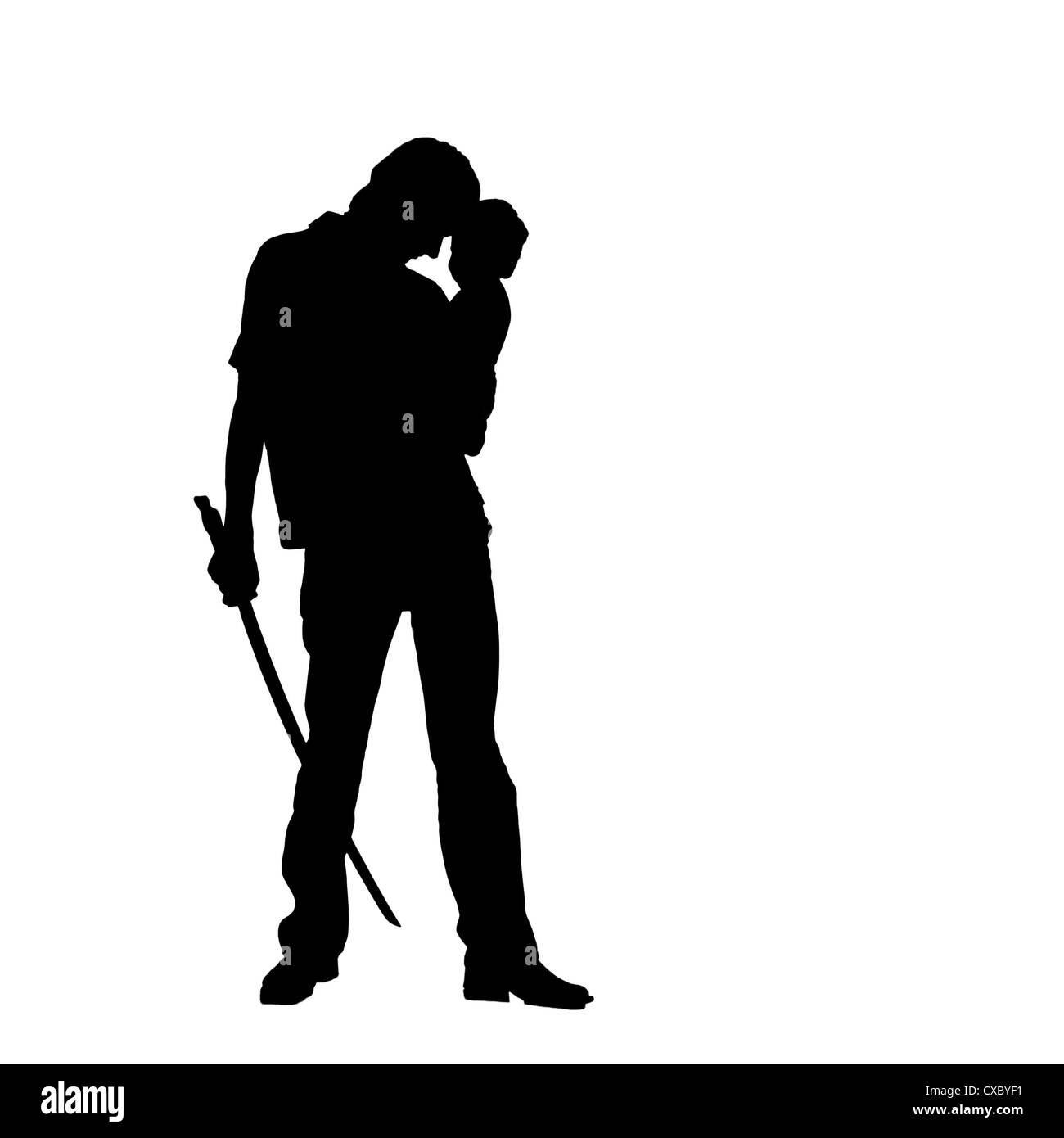 Silhouette Of Man Guerrier Il Est Debout Serrant Un Bebe Et Tenant Une Epee Le Symbole De Protection Parentale Photo Stock Alamy