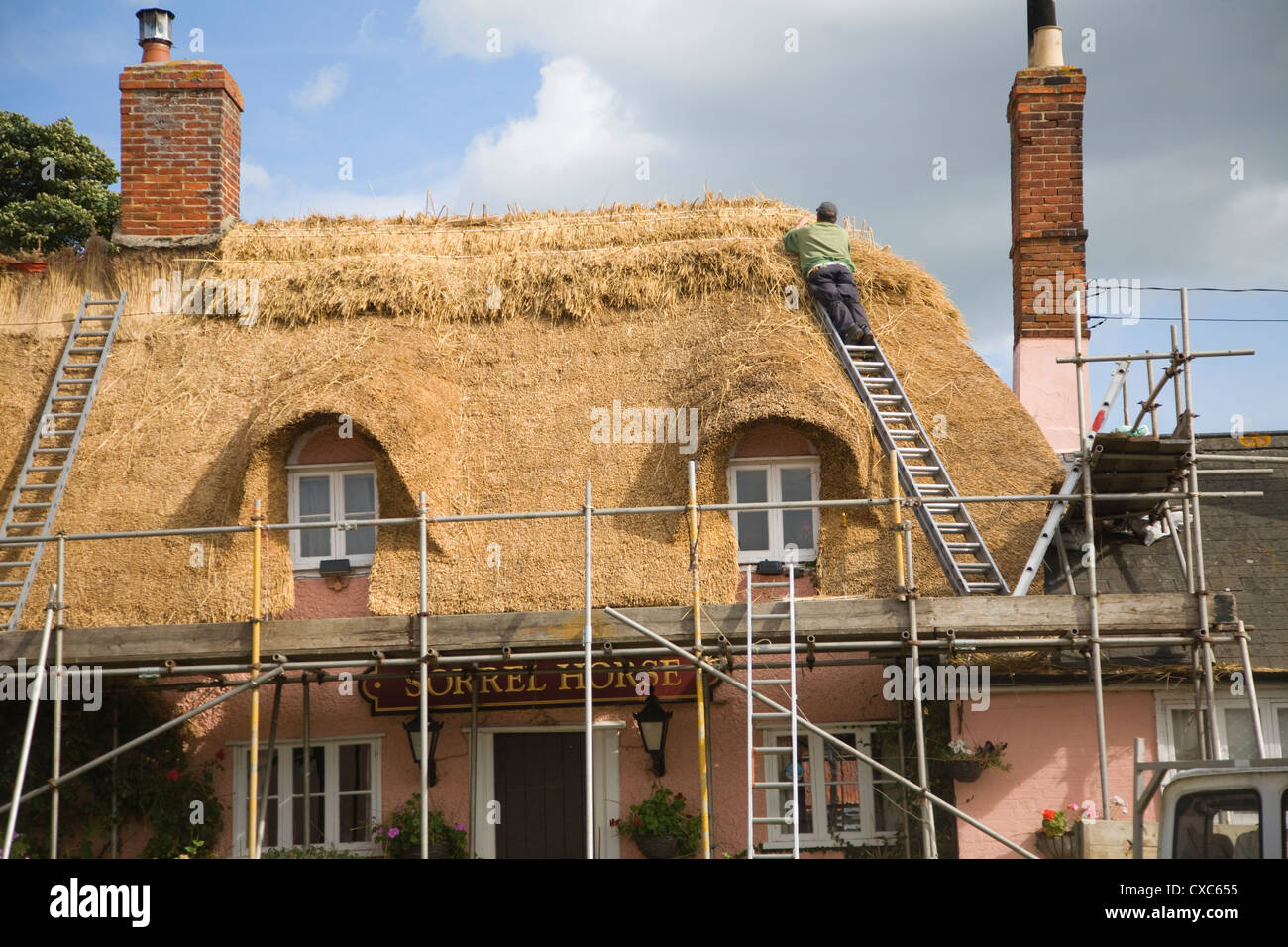 Thatcher chaume toit pub cheval Sorrel pays Shottisham Suffolk Angleterre Banque D'Images