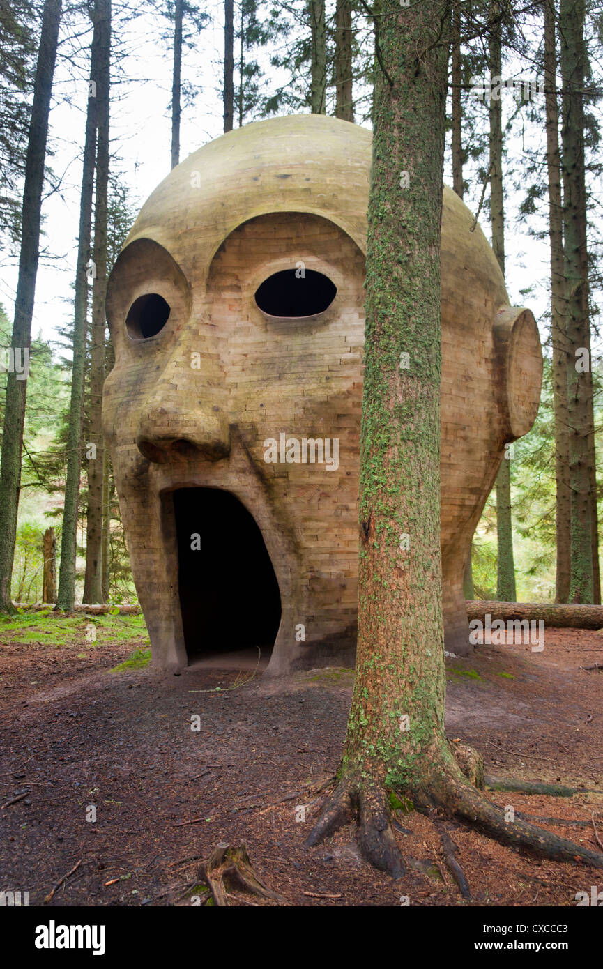 Silvas Capitalis, tête en bois sculpture, Kielder Water, Northumberland Banque D'Images