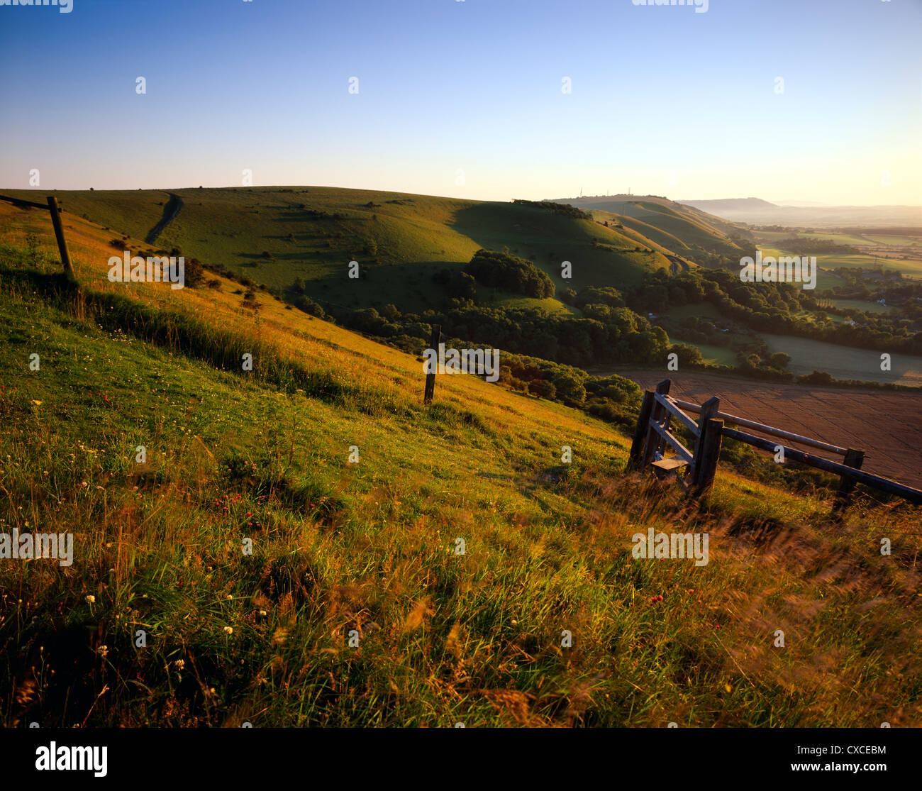 Voir à l'ouest de Devil's Dyke de l'Escarpement de Fulking un soir d'été près de coucher du soleil, Parc National des South Downs Banque D'Images