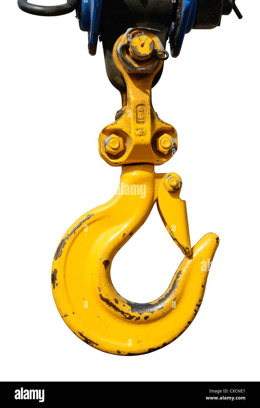 Crochet de levage de la grue jaune avec loquet de sécurité Banque D'Images