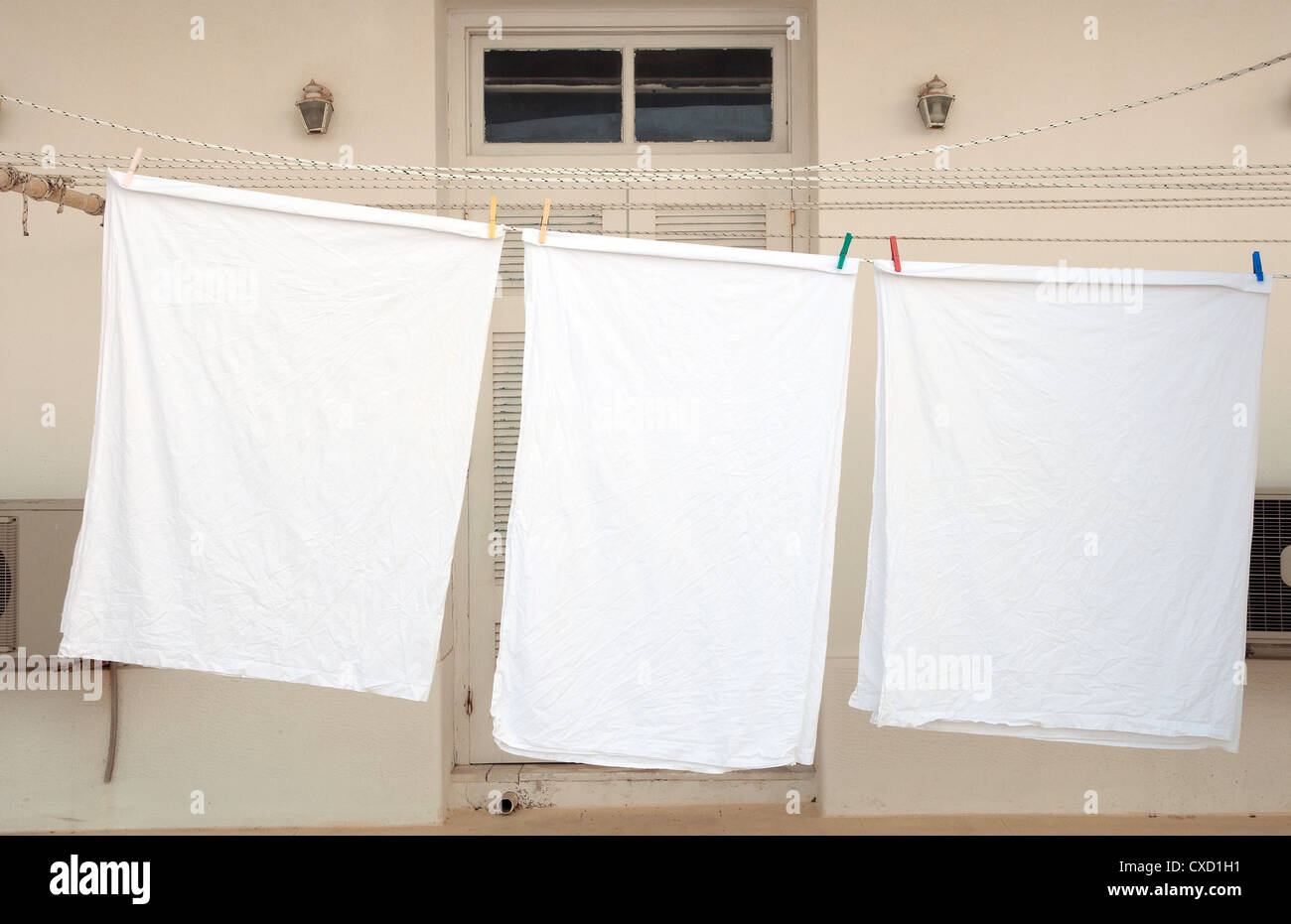 3 feuilles blanc sur lin line, Fira, Santorini, Grèce Banque D'Images