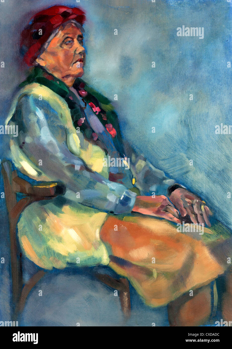 Peinture à l'huile originale sur toile.Portrait montrant un haut gypsy woman sitting in a chair.impressionnisme moderne Banque D'Images