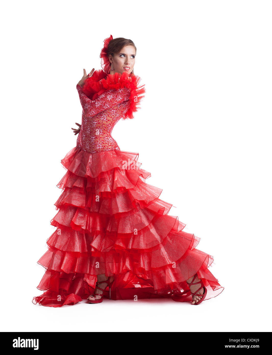 Femme en costume danseuse de flamenco rouge isolé Banque D'Images