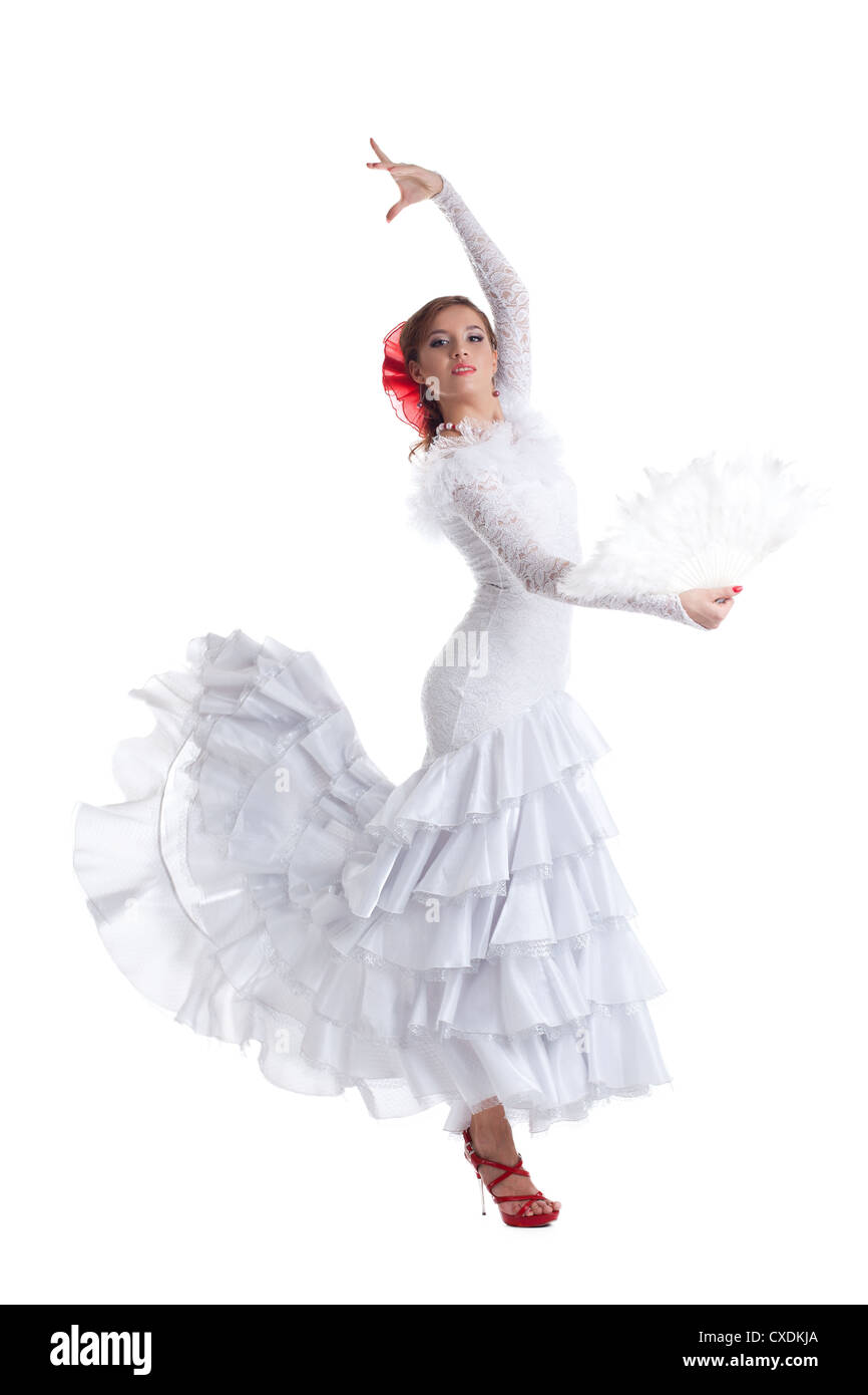 Danseuse de flamenco femme en costume blanc isolé Banque D'Images
