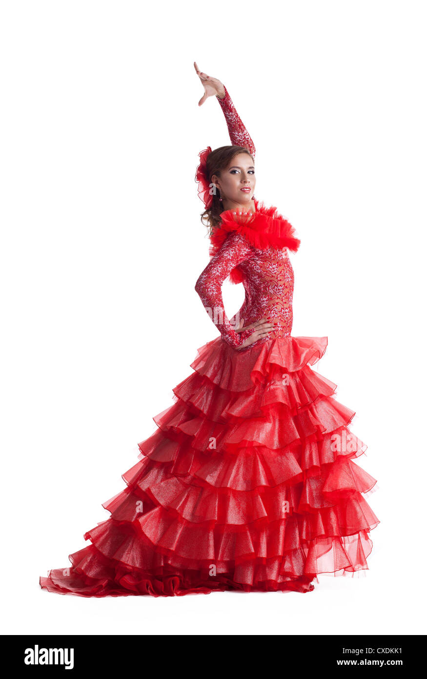 Jeune femme en costume flamenco rouge isolé Banque D'Images