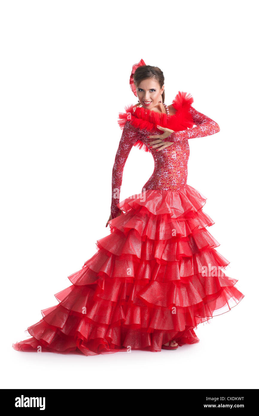 Jeune femme en robe rouge flamenco de la scène Banque D'Images