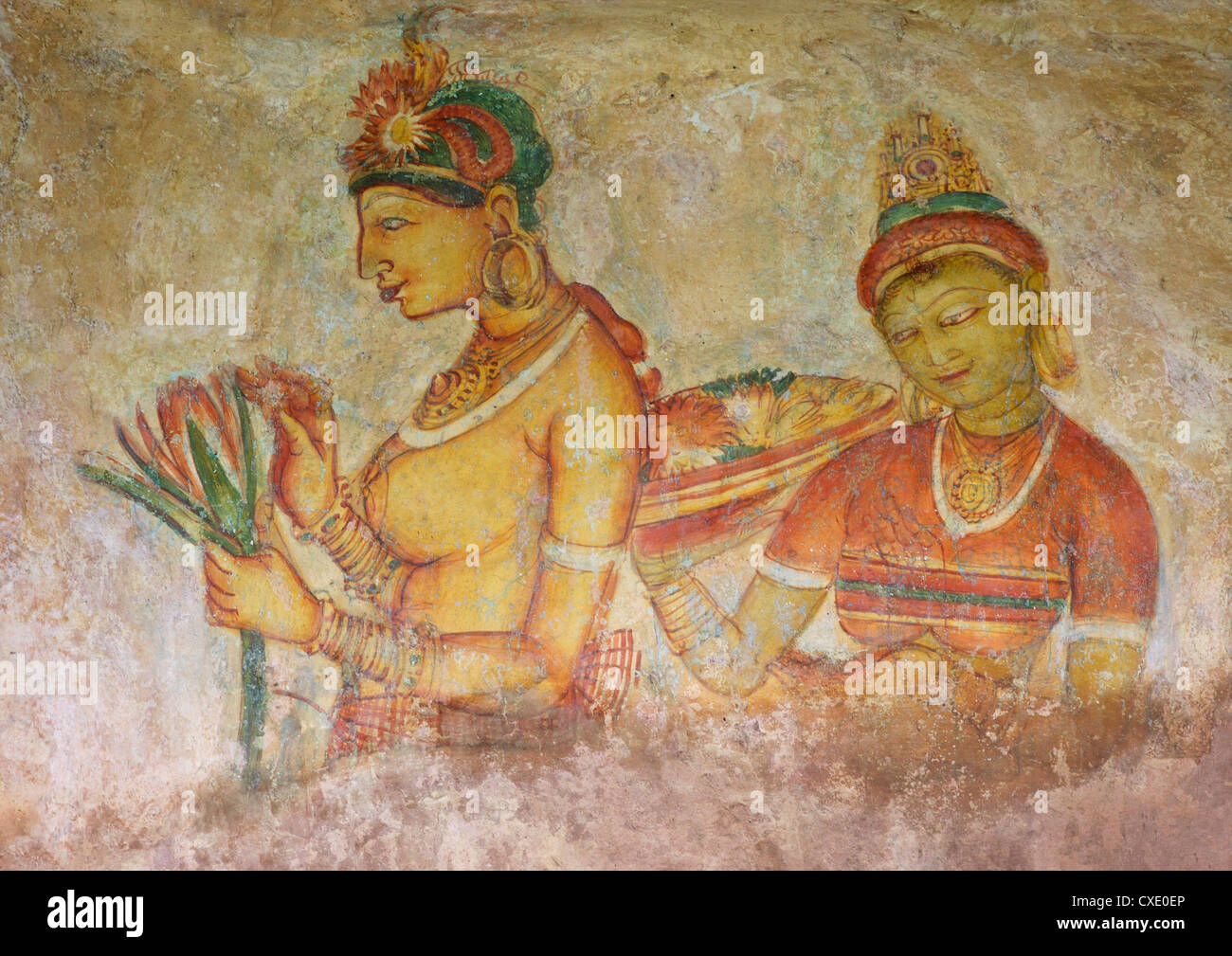 Les demoiselles de Sigiriya ou Cloud Maidens, 5ème ANNONCE de siècle, fresques, Lion Sigiriya Rock Fortress, Sigiriya, Sri Lanka, Asie Banque D'Images