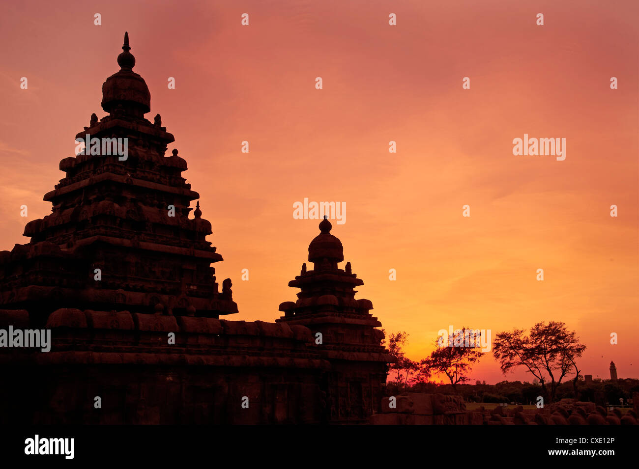 Le Shore Temple au coucher du soleil, Mamallapuram (Mahabalipuram), UNESCO World Heritage Site, Tamil Nadu, Inde, Asie Banque D'Images