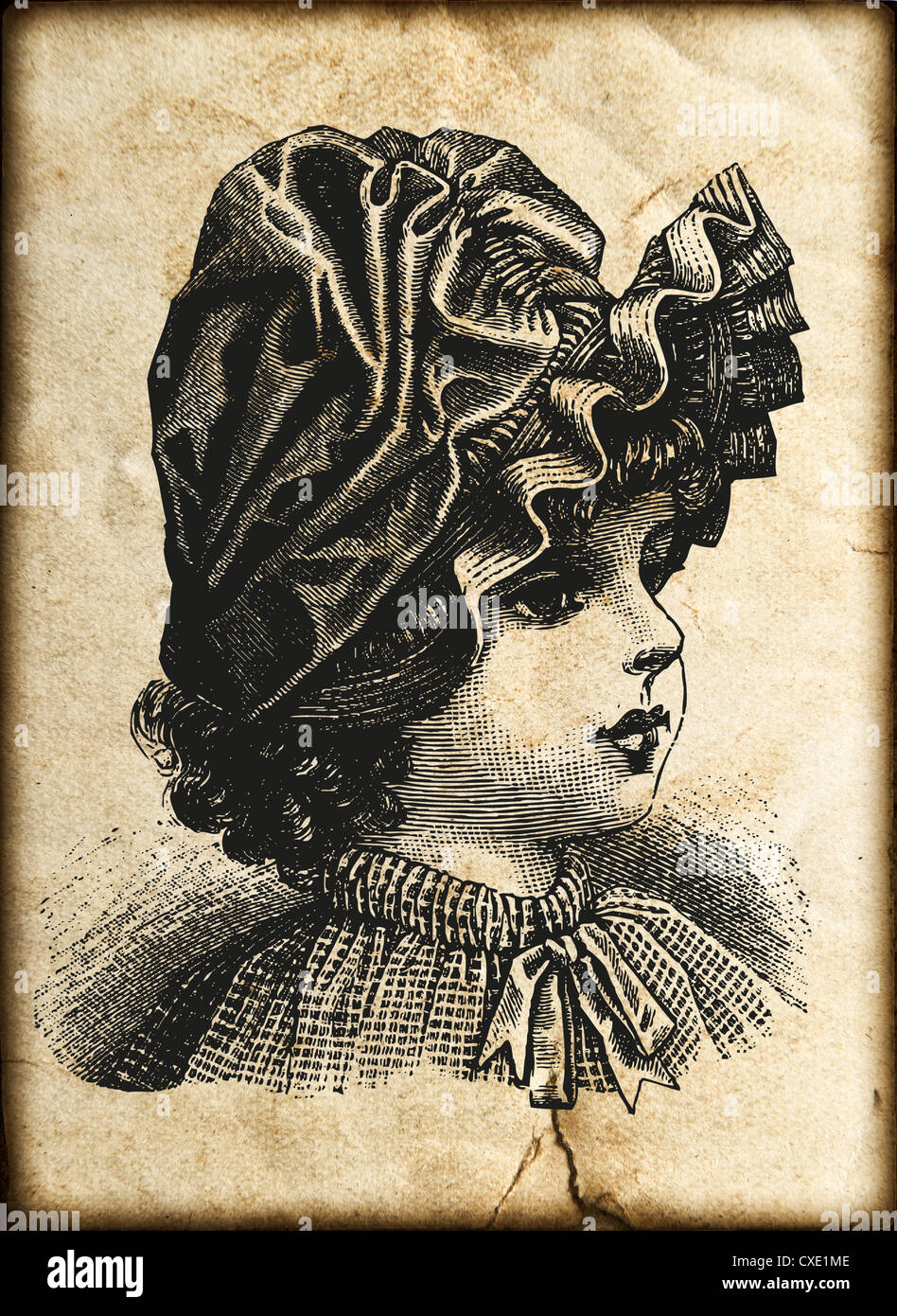 Portrait de petite fille. Grungy vintage carte papier illustration gravée de l'époque victorienne. Banque D'Images
