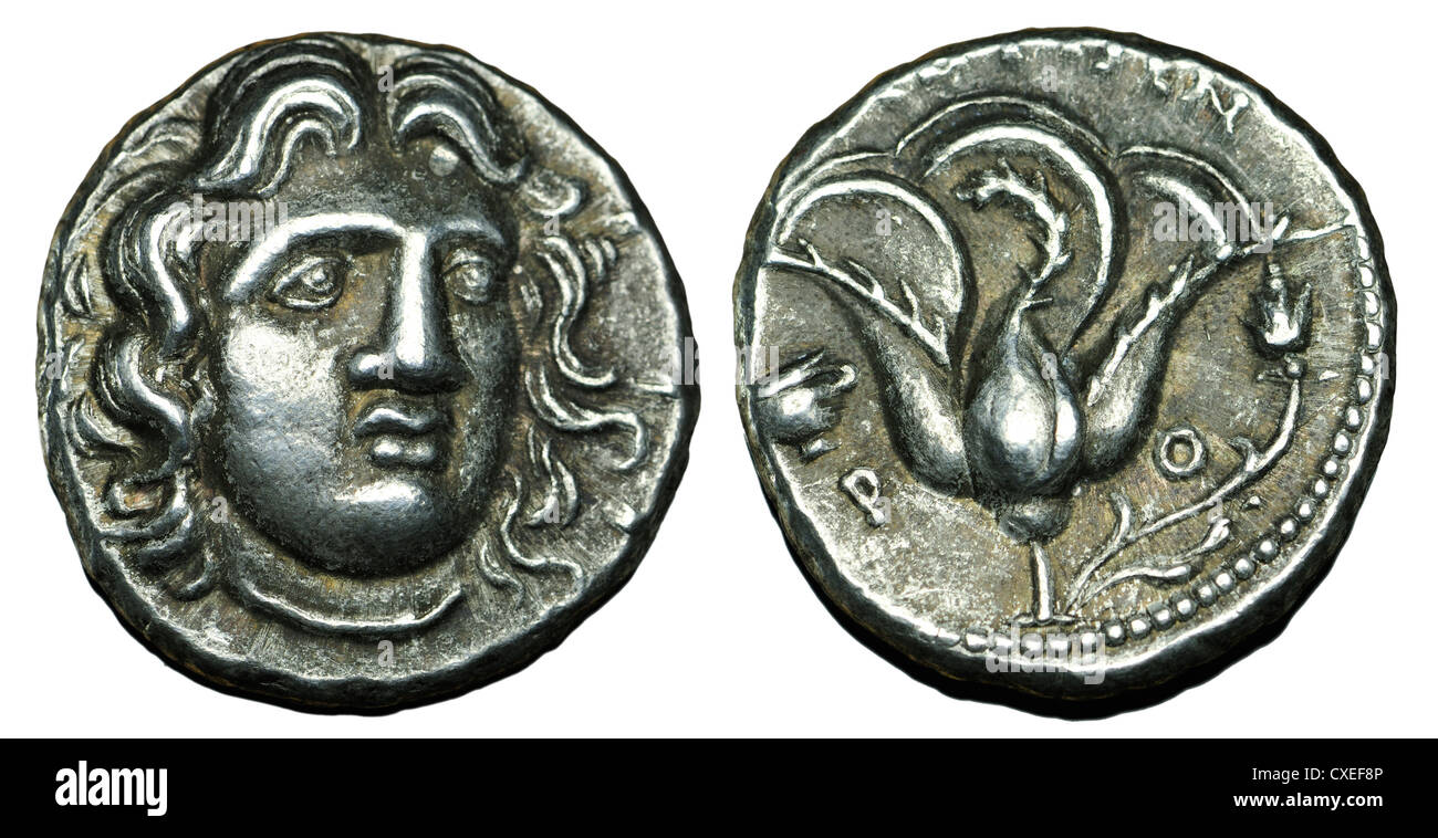 Rhodos Grèce Tetradrachm 304-167 BC (réplique) Chef de Helios / bouton de rose Banque D'Images