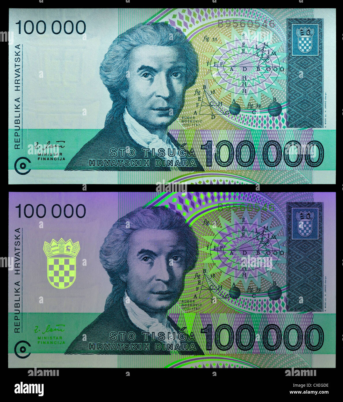 Billet de banque vu sous lumière naturelle et UV, montrant des caractéristiques de sécurité. 100,000 Dinar note, Croatie, 1993. Portrait de Roger Joseph Boscovich Banque D'Images
