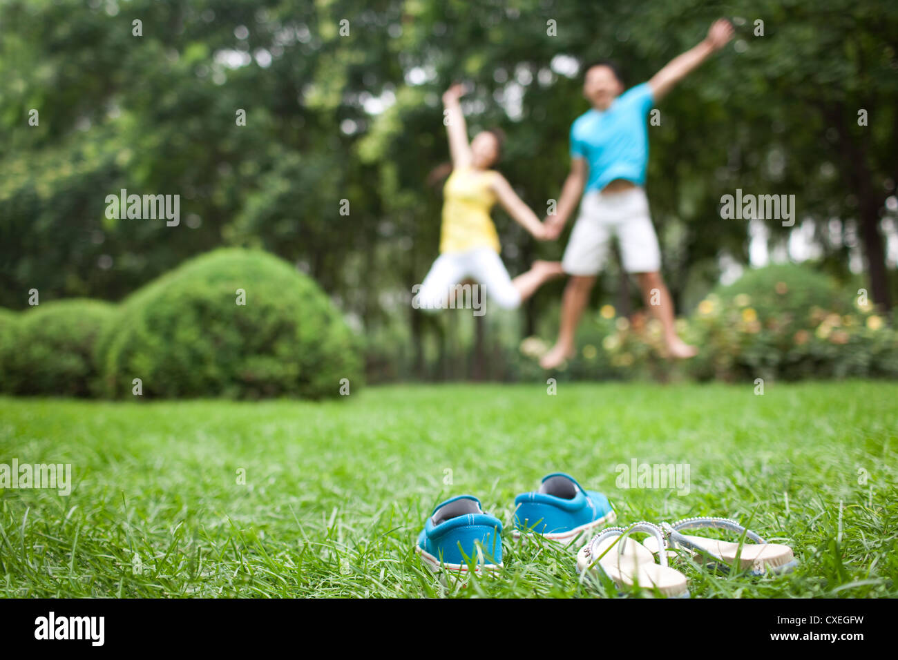 Heureux couple jumping on meadow Banque D'Images