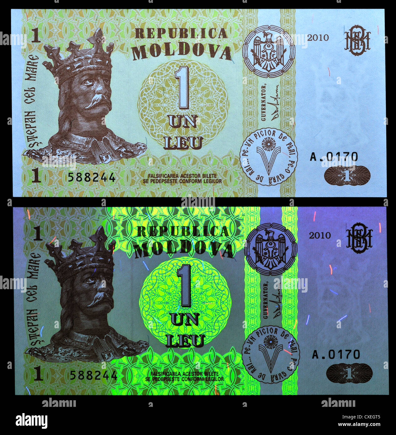Vu des billets avec la lumière naturelle et la lumière UV, montrant les fonctions de sécurité. Un Leu remarque , Moldova, 2010 Banque D'Images