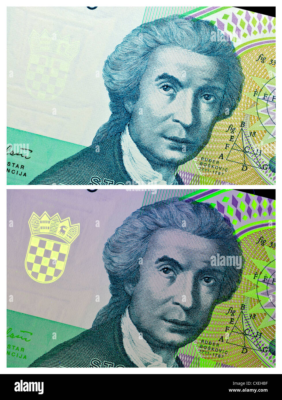 Billet de banque vu sous lumière naturelle et UV, montrant des caractéristiques de sécurité. 100,000 Dinar note, Croatie, 1993. Portrait de Roger Joseph Boscovich Banque D'Images