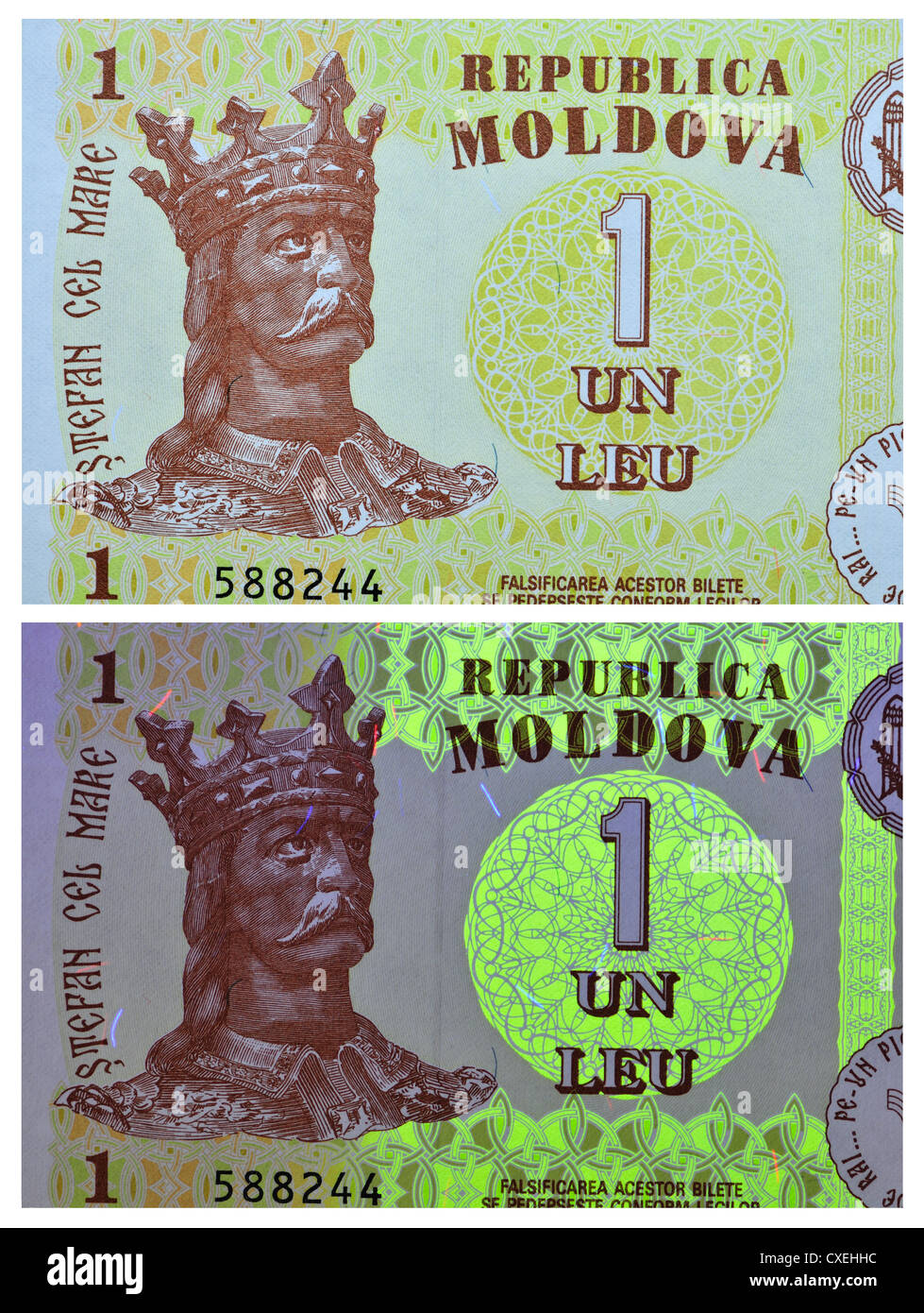 Vu des billets avec la lumière naturelle et la lumière UV, montrant les fonctions de sécurité. Un Leu remarque , Moldova, 2010 Banque D'Images
