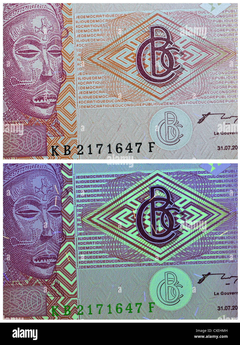 Vu des billets avec la lumière naturelle et la lumière UV, montrant les fonctions de sécurité. 50 francs, le Centre de la République du Congo, 2007 Banque D'Images
