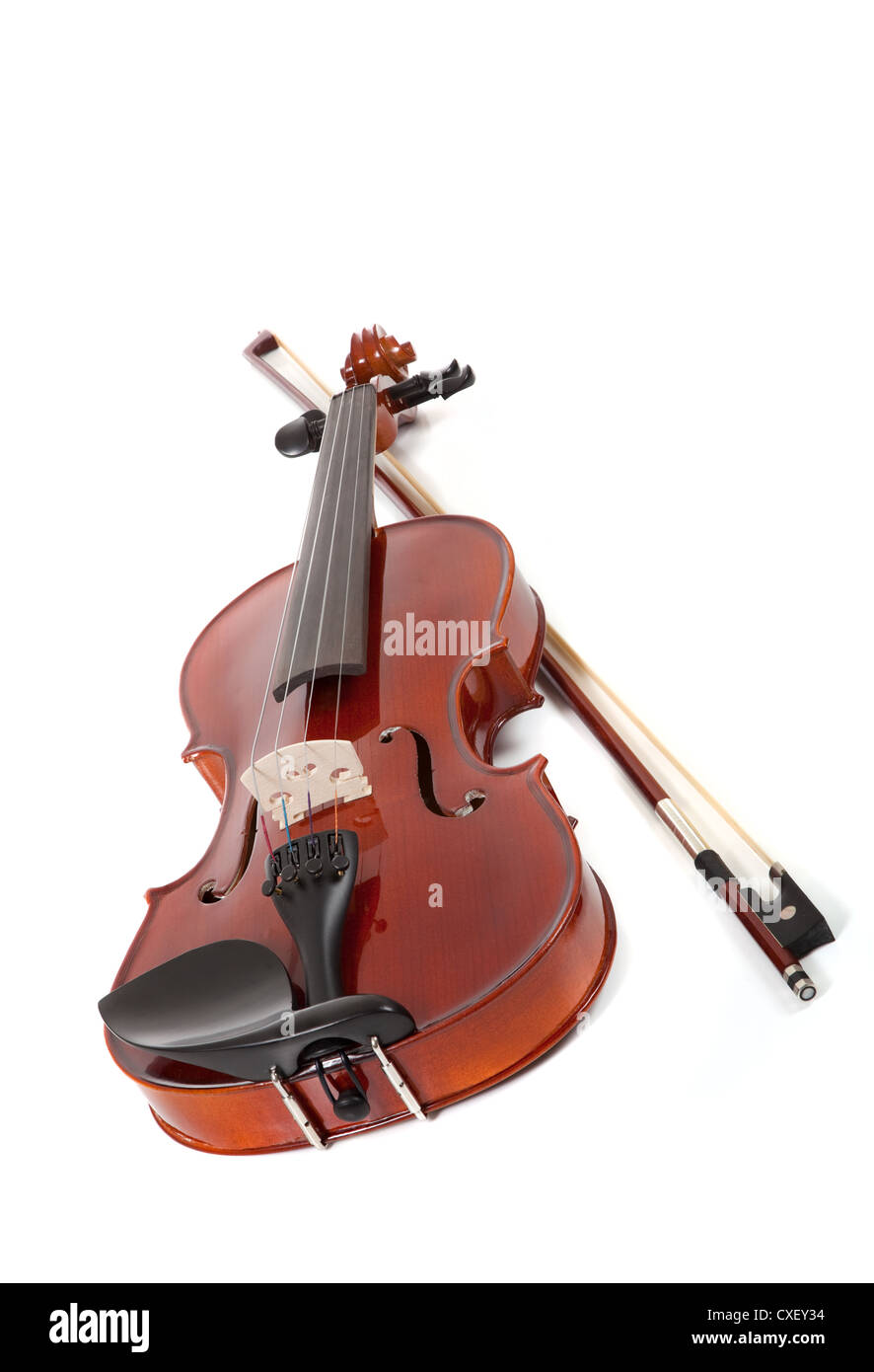 Avec un archet de violon sur fond blanc Banque D'Images